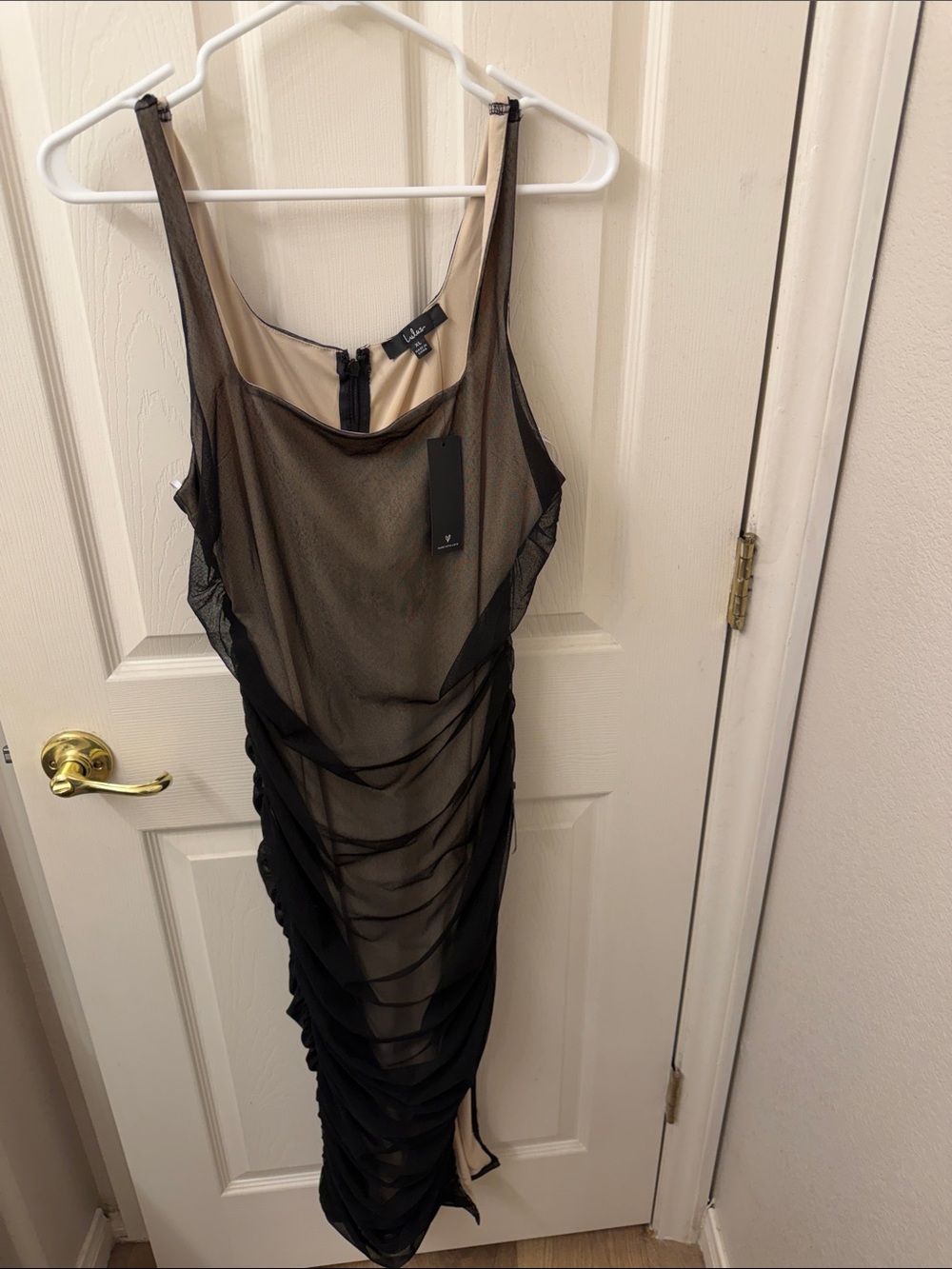 Lulu's Black Sheer Ruched Midi Dress with Nude Lining